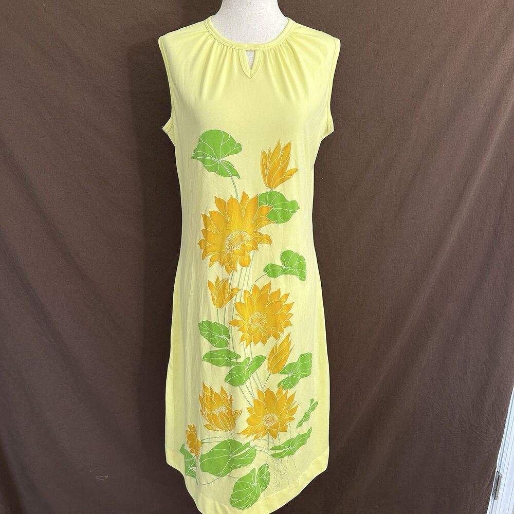 Vintage 70s Alfred Shaheen Hawaii Dress Yellow Tropical Sleeveless Floral 8